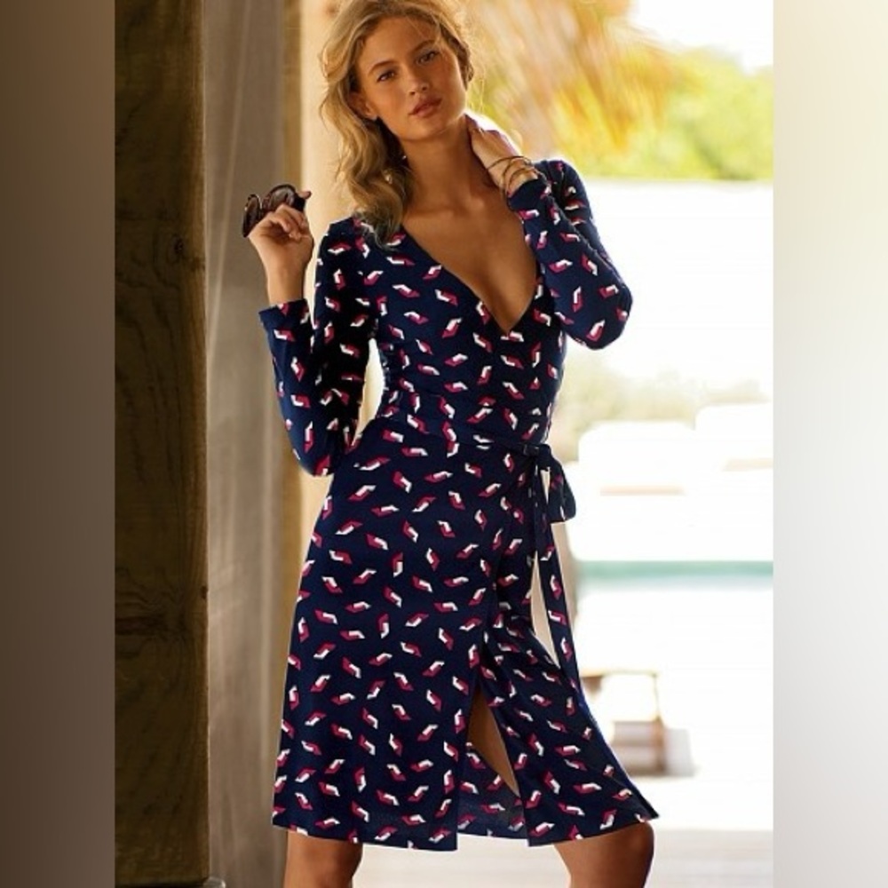 Moda International Navy Blue Wrap Dress with Red and White Pattern 4